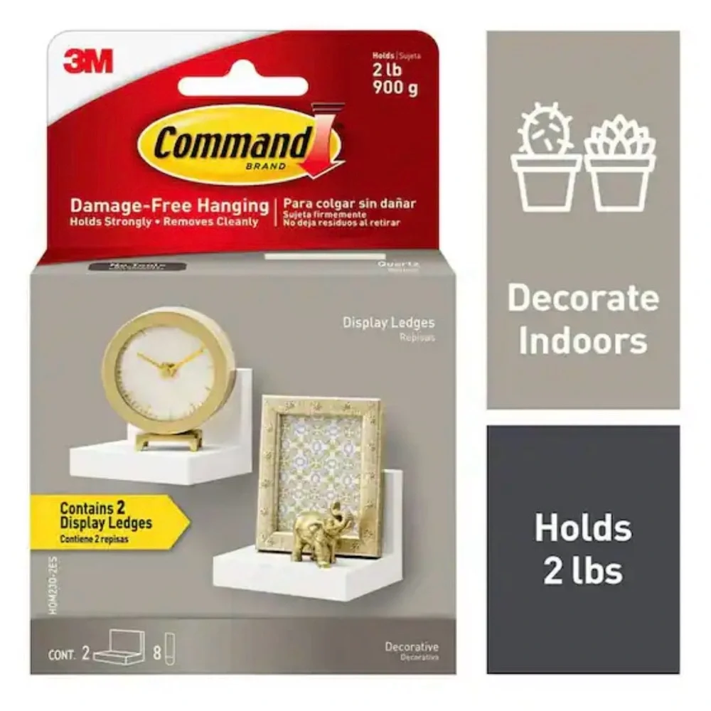 Command Quartz Wall Display Ledges 2 Pack Floating Shelves w/ Strips 2lb‎